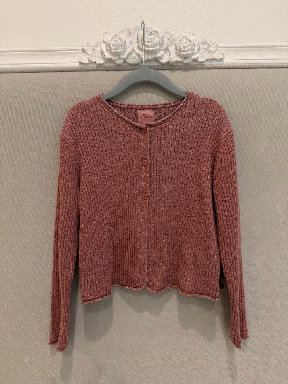 Zara Knitwear Kids Girls Ribbed Button-Front Cardigan in Dusty Mauve 7 years